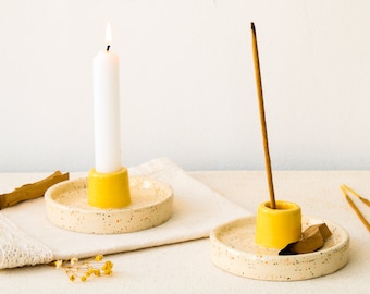 Handmade Ceramic Candle, Incense, Palo Santo Holder, Yellow Speckled Minimalist Meditation Accessory, Mindfulness Gift, Smudge Stick Burner