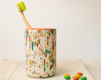 Handmade Ceramic Toothbrush Holder, Orange and Colorful Speckled Toothbrush Holder for Bathroom, Bathroom Accessory, Bathroom Decor