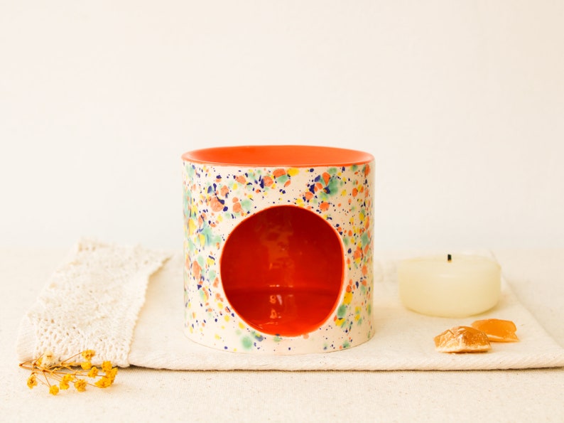 Handmade Ceramic Essential Oil Burner, Colorful Speckled Tealight Candle Holders, Aromatherapy Wax Melter, Home Decor, Fragrance Burner Orange