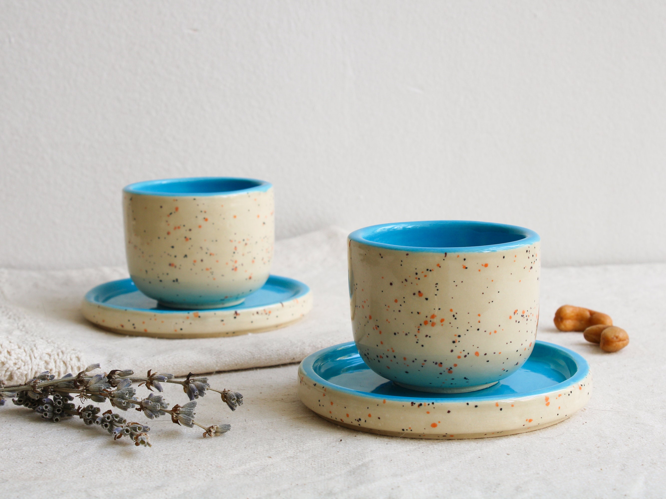 Blue Dragonfly Delight: Handmade Ceramic Espresso Cup Set with