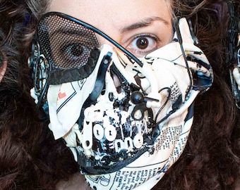 Mask half skull upcycled, cyberpunk, halloween, costume, black white, post apocalyptic, recycled, eco, sustainable, one of a kind, newspaper