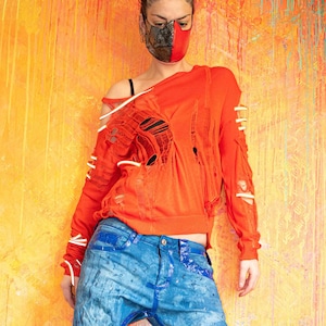 Distressed knit jumper, asymmetric,  reflective neon straps, street wear, cyber, rave, punk, post apocalyptic, goth, alternative