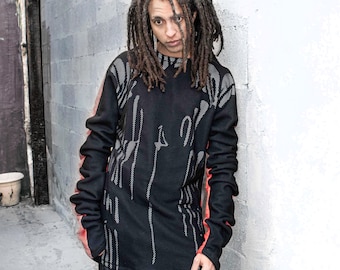Suéter/vestido de malla con estampado gráfico, largo, extragrande, fruncido/abullonado, mangas extra largas, ropa de calle, rave, ciberpunk, postapocalíptico