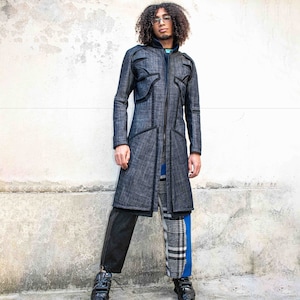 Tailored couture denim coat, long jeans jacket ,streetwear, patchwork, steampunk, cyber punk, goth, emo, post apocalyptic, futuristic, edgy