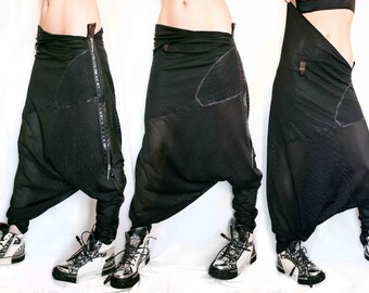 Black asymmetric harem pants sarouel, semi transparent, zipped, one pocket,  size M , hip hop, streetwear, goth, alternative, cyberpunk