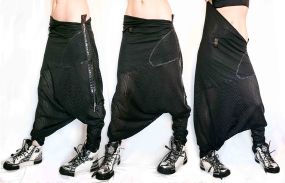 Black Asymmetric Harem Pants Sarouel, Semi Transparent, Zipped