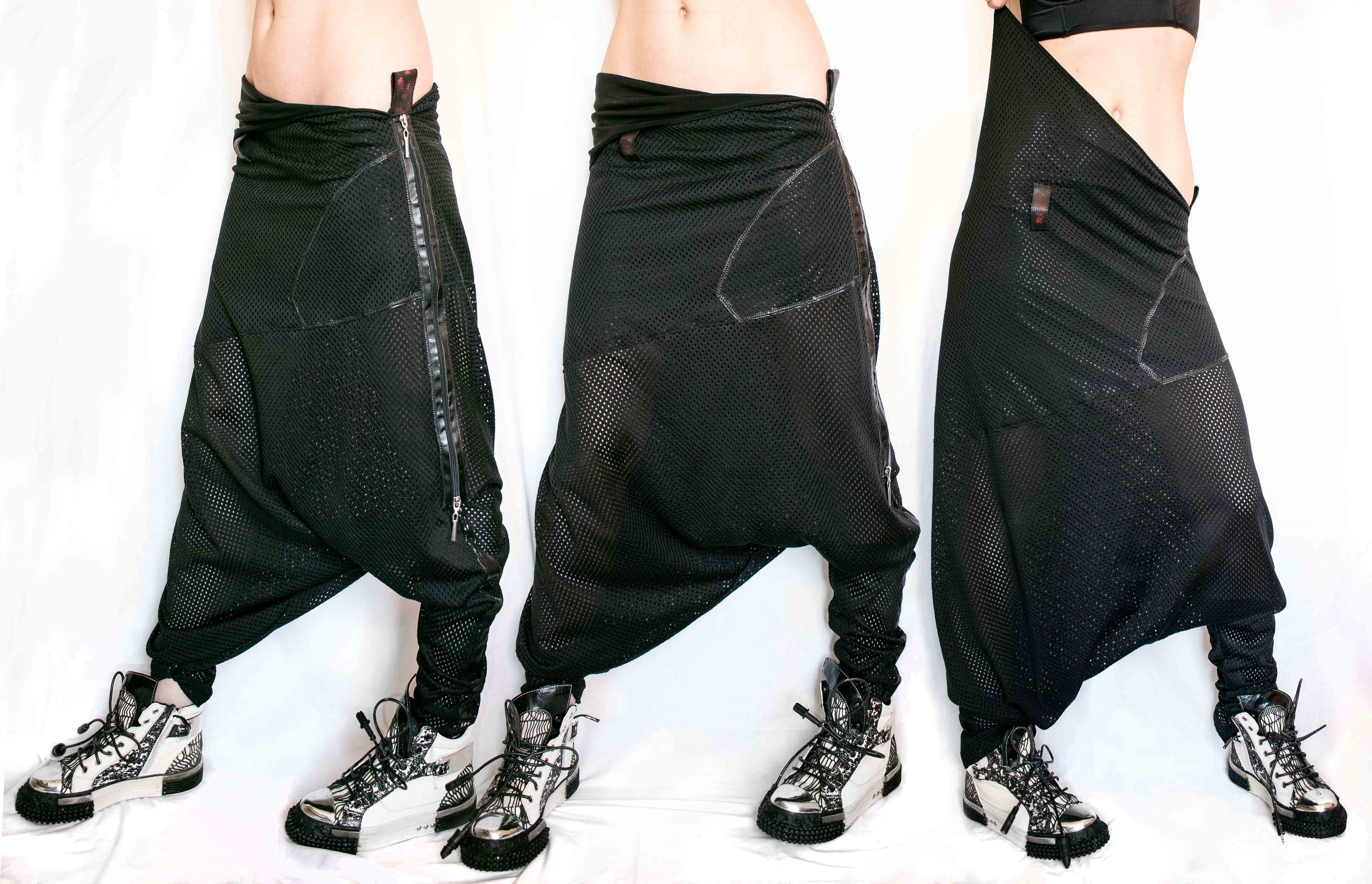 Black Asymmetric Harem Pants Sarouel, Semi Transparent, Zipped