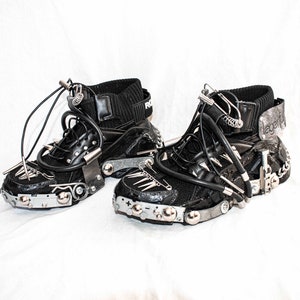 Hand customized sneakers, upcycled metal, hand painted, cyber, punk, post apocalyptic, rock, goth, dark, futuristic, hypebeast, techwear
