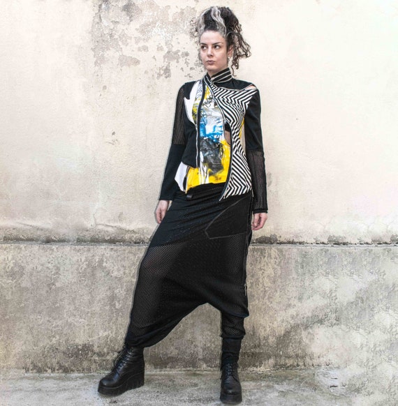パンツ 00s L.G.B. amazonica sarouel pants y2k Black Asymmetric Harem Pants Sarouel, Semi Transparent, Zipped