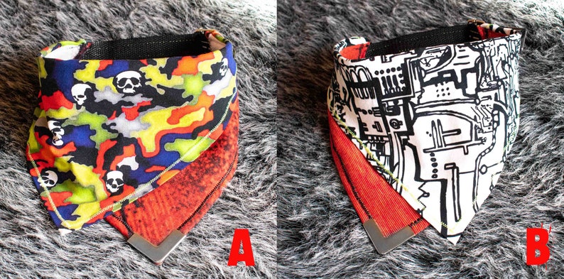Pode incluir: Duas bandanas revers&iacute;veis para c&atilde;es. A primeira bandana &eacute; vermelha, amarela, verde e azul com um padr&atilde;o de caveira. A segunda bandana &eacute; branca com um design abstrato preto e branco. Ambas as bandanas t&ecirc;m um lado inferior vermelho.