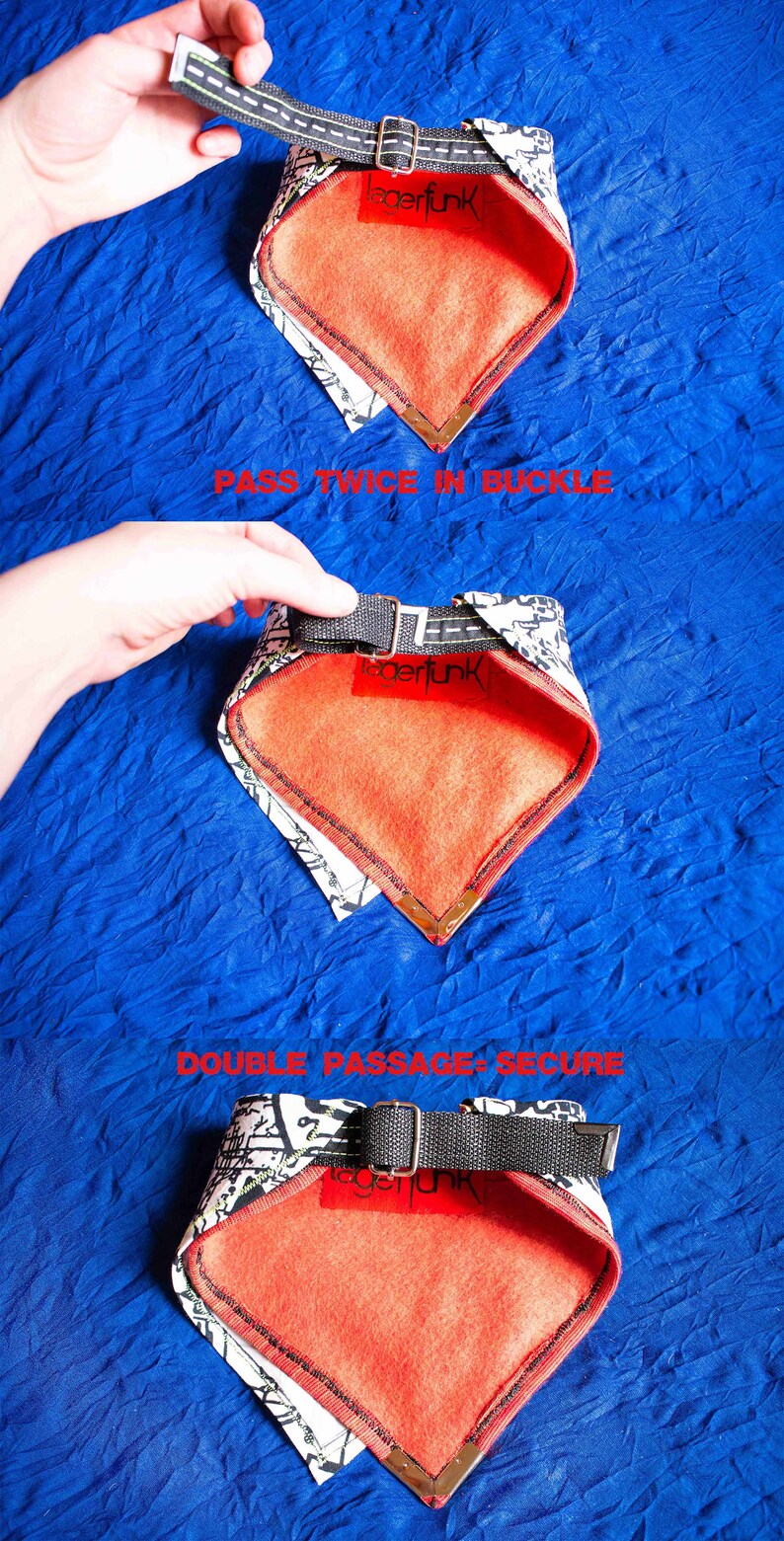 Pode incluir: Um bandana estampado em branco e preto com forro de l&atilde; vermelho. O bandana tem uma al&ccedil;a ajust&aacute;vel preta com uma fivela de metal. A al&ccedil;a &eacute; passada duas vezes pela fivela para garantir o bandana.