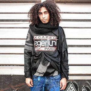 Hooded sweatshirt, patchwork, upcycled, embroidered, reflective, post apocalyptic, cyberpunk, rave, street wear, rave, punk, grunge, goth