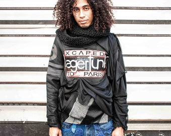 Hooded sweatshirt, patchwork, upcycled, embroidered, reflective, post apocalyptic, cyberpunk, rave, street wear, rave, punk, grunge, goth