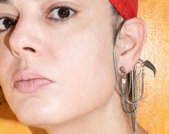 Tour d'oreille/boucle d'oreille, OREILLE GAUCHE, pointe, chaînes serpent, post-apocalyptique, cyber, punk, rave, cyber goth, egirl, techno, streetwear
