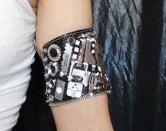 Leather/ metal arm cuff, upcycled, cyberpunk, steampunk, cyber, fetish, post apocalyptic, punk, goth, rave, edgy, egirl, harajuku, adidas