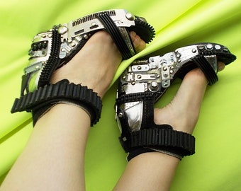Custom recycled metal wedges, platform sandals, chunky heels,  cyber punk, steampunk, post apocalyptic, rave, cyber goth, edgy, harajuku