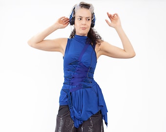 Sleeveless draped tunic, asymmetric, draped, strapped, belted, goth, cyberpunk,  alternative, cyber, edgy, harness, corset, harajuku, punk
