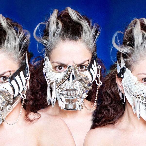 White & silver skull mask, cyber punk,  rhinestone, halloween ,cosplay, costume, rhinestones, chains, metal, futuristic, avant garde, gothn