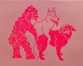 Linoleum Block Printed Valentine's Day Card: "Non-Monoggo Doggo"