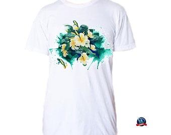 Green Plumeria Splash 100% combed cotton T-shirt derived from an original watercolor painting by Kathy Baumann