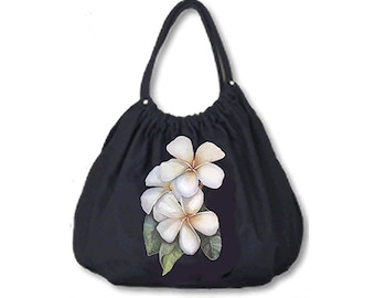 Maui Plumeria Satchel, cotton canvas, derived from an original watercolor painting by Kathy Baumann