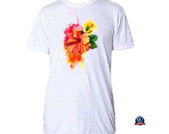 Hibiscus Splash 100% combed cotton T-shirt design derived from an original watercolor painting by Kathy Baumann