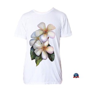 Plumeria 100% combed cotton T-shirt derived from an original watercolor painting by Kathy Baumann image 1