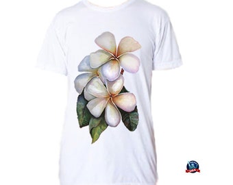 Plumeria 100% combed cotton T-shirt derived from an original watercolor painting by Kathy Baumann
