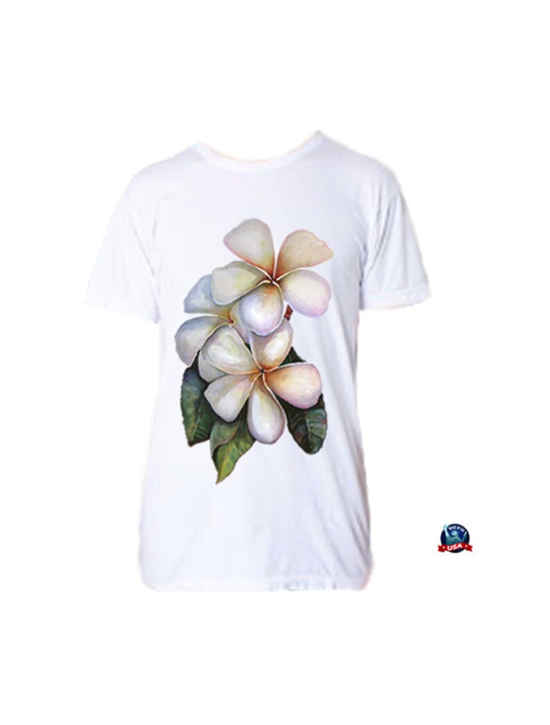 Plumeria 100% combed cotton T-shirt derived from an original watercolor painting by Kathy Baumann image 1