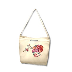 Chinese Hibiscus Beach Tote, Bull Denim woven cotton, derived from an original watercolor painting by Kathy Baumann