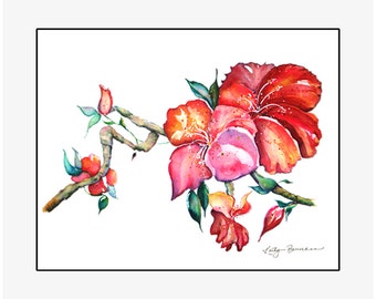 Chinese Hibiscus giclee print of an original watercolor painting on 100% cotton rag, natural white, 24” x 20” matted and backed