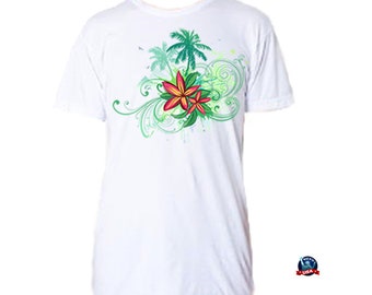 Palms and Plumeria 100% combed cotton T-shirt derived from a design by artist Misha.