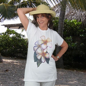 Plumeria 100% combed cotton T-shirt derived from an original watercolor painting by Kathy Baumann image 2