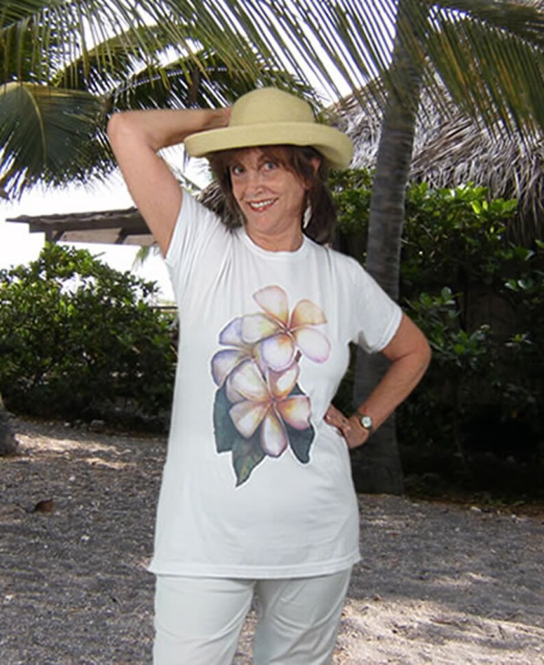 Plumeria 100% combed cotton T-shirt derived from an original watercolor painting by Kathy Baumann image 2