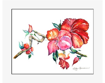Chinese Hibiscus original watercolor painting on 300 lb cold press paper, 24” x 20” matted and backed, artist Kathy Baumann