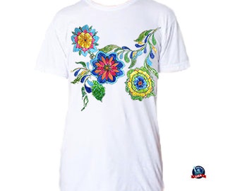 Talavera 100% combed cotton T-shirt derived from a design by artist Laura Baumann