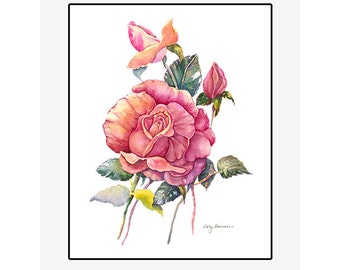 Red Rose original watercolor painting on 300 lb cold press paper, 20” x 24” matted and backed, artist Kathy Baumann