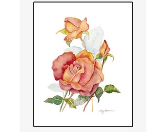 Red and Yellow Rose giclee print of an original watercolor painting on 100% cotton rag, natural white, 20” x 24” matted and backed