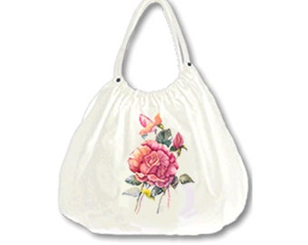 Maui Red Rose Satchel, cotton canvas, derived from an original watercolor painting by Kathy Baumann