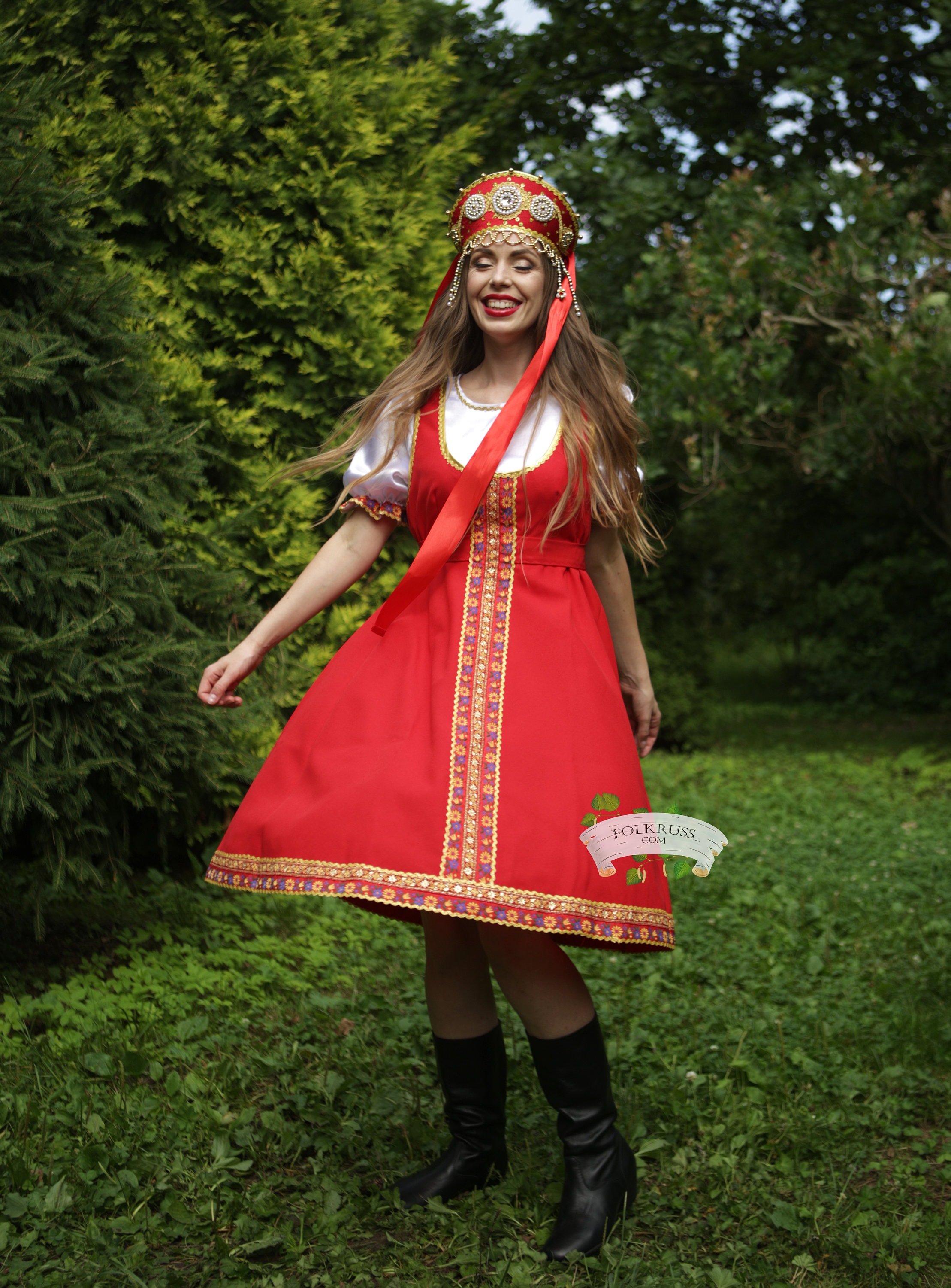 Playful traditional Russian red dress for woman | Etsy