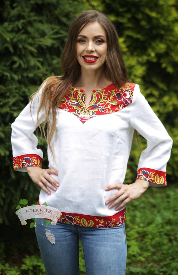 Womanly natural linen blouse Russian linen shirt Cossack | Etsy