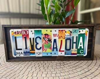 Aloha license plate sign, rustic Hawaiian decor housewarming gift, rainbow, tropical decor, beach house art, Key West sunset, Florida Keys