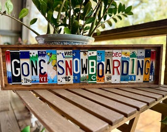 License Plate Snowboarding Sign, Rustic Mountain Cabin Decor
