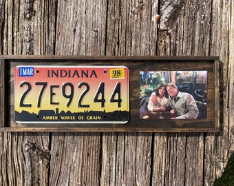 Rustic License Plate & 5x7 Photo Frame - Custom Stained Wood Display