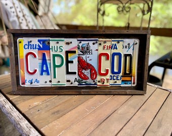 Cape Cod license plate Sign | Rustic Stained Wood Beach Decor, Massachusetts Art
