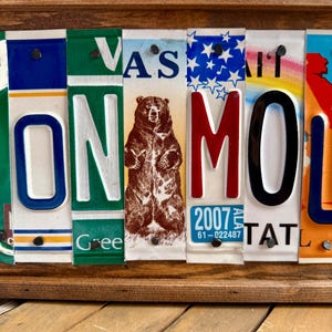 May include: A decorative wall sign constructed from vertical strips of various colorful American license plates mounted in a wooden frame. The segments feature a brown bear illustration, the text VA'S, 2007, and partial letters spelling ON MOL.
