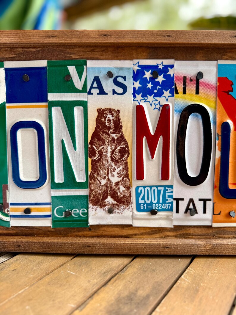 May include: A decorative wall sign constructed from vertical strips of various colorful American license plates mounted in a wooden frame. The segments feature a brown bear illustration, the text VA'S, 2007, and partial letters spelling ON MOL.