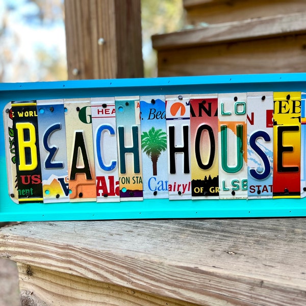 Beach House sign, license plate art, coastal decor, Florida keys, Key West sunset, colorful seaside beach cottage gift, housewarming, cabin