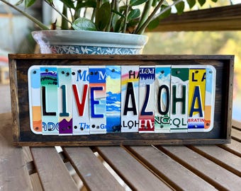 Aloha license plate sign, rustic Hawaiian decor housewarming gift, rainbow, tropical decor, beach house art, Key West sunset, Florida Keys