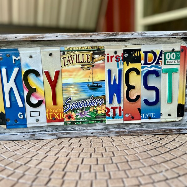 KEY WEST sign license plate sign, beach decor, Florida Keys sign, beach cottage, margaritaville, island life, tropical, conch-style